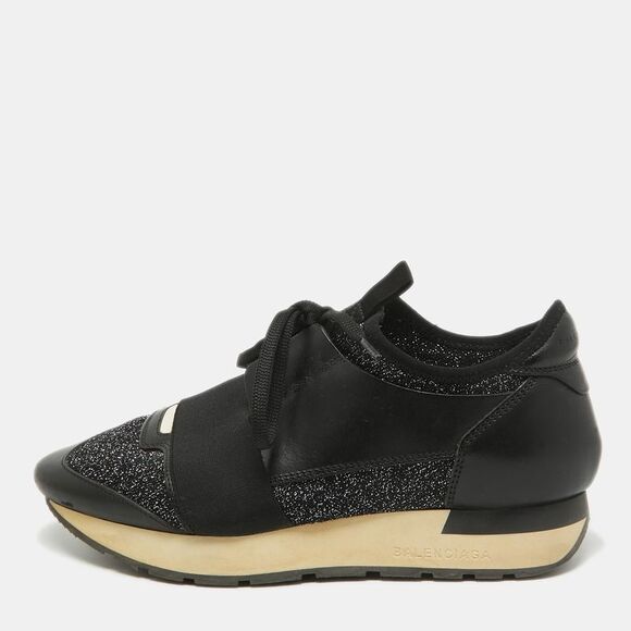 Balenciaga Black Leather and Glitter Knit Fabric Race Runner Sneakers Size 37 - Picture 1 of 4